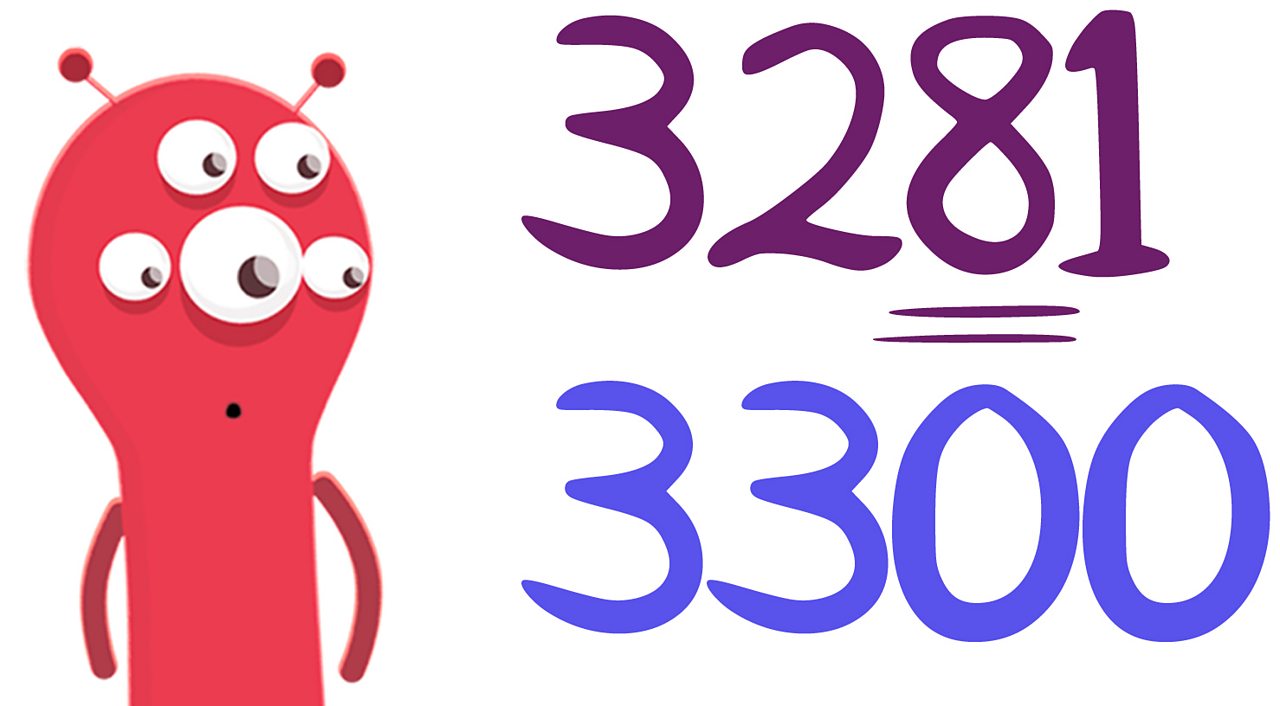 An alien character looking at the numbers 3281 and 3300