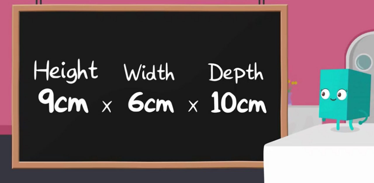 A calculation that reads: 9cm × 6cm × 10cm = 540cm³