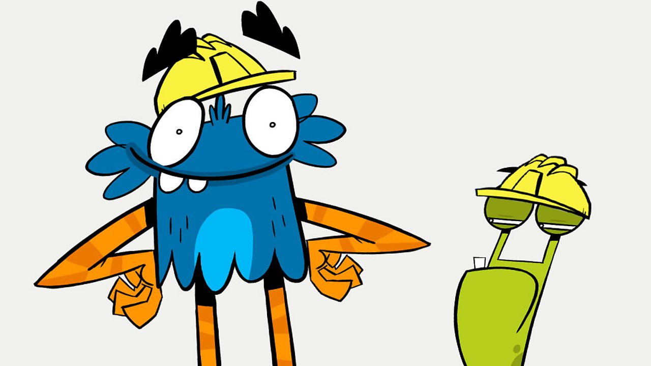 Two monsters wearing hard hats.