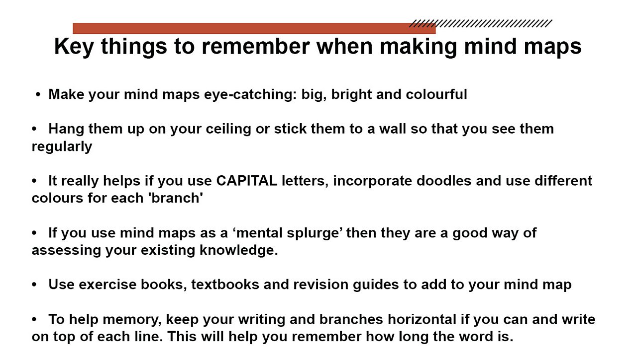 A picture showing the key things to remember when making mind maps