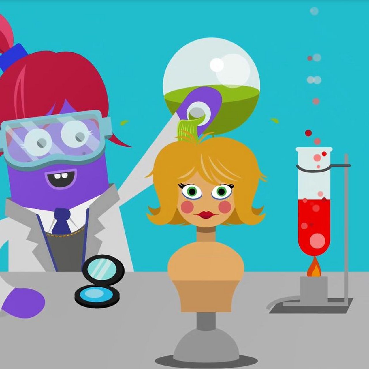 Animated image of a scientist pouring a chemical on to a doll's head