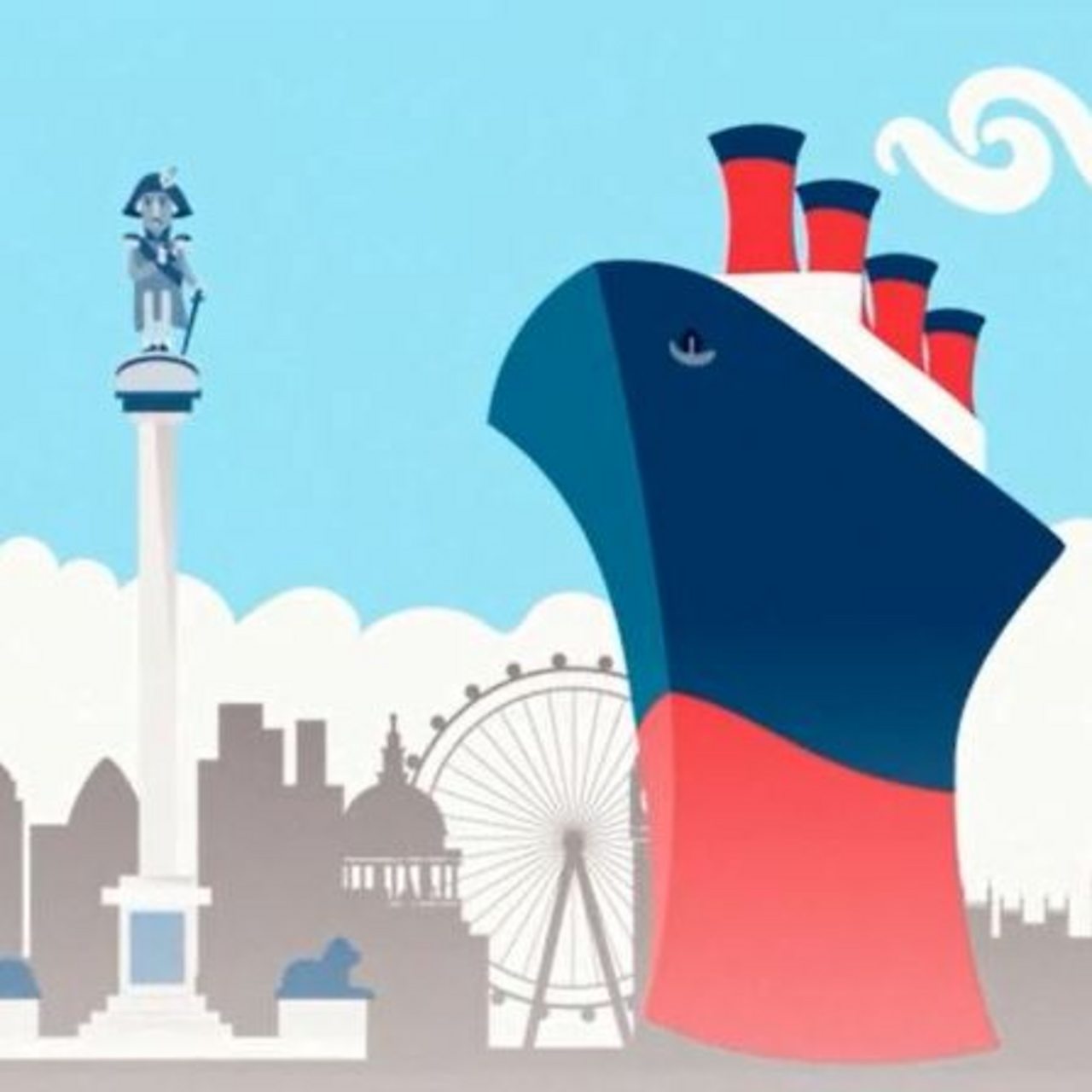 Low angle animated image of the Titanic juxtaposed next to Nelson's Column