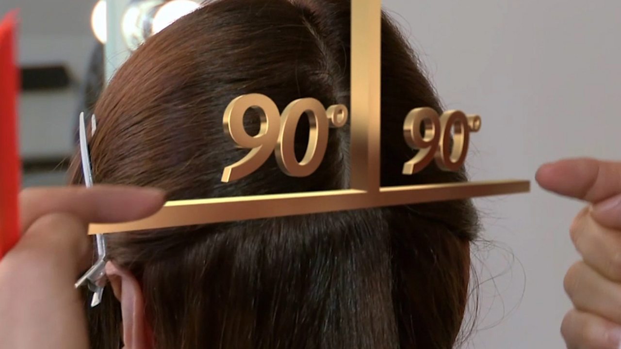 Measuring 90 degree angles at the back of a woman's head.