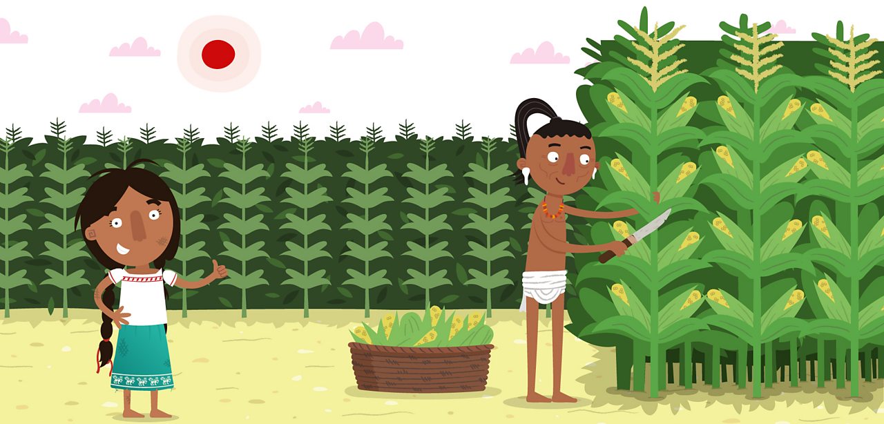 Ancient Maya girl, Jade Skirt, standing next to a farmer.