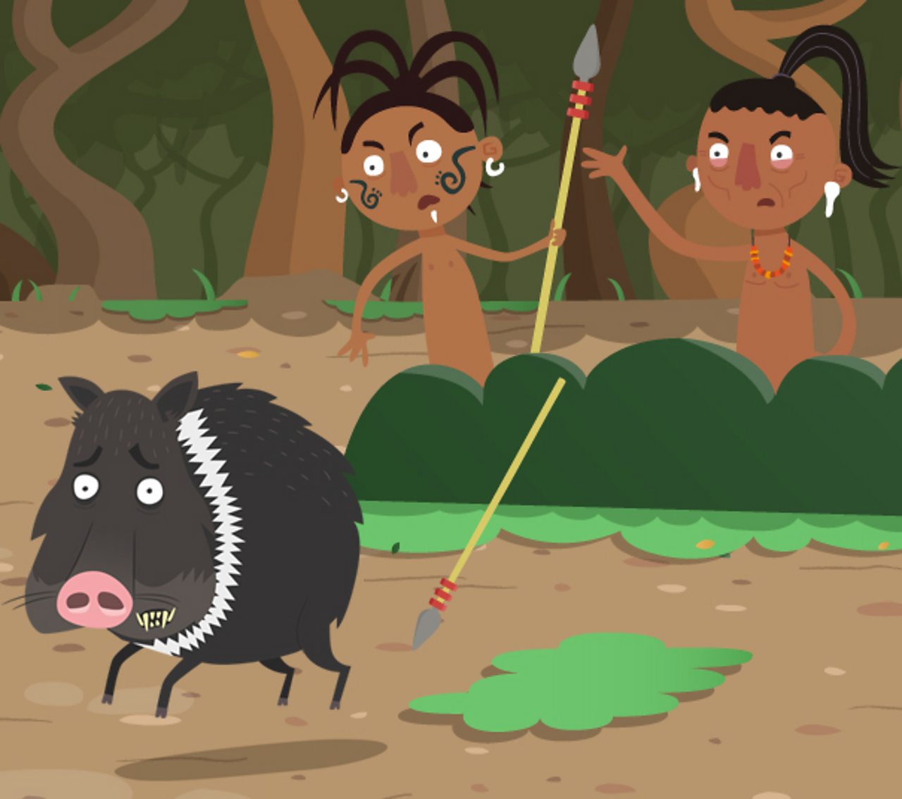 Two Maya hunters chasing a pig