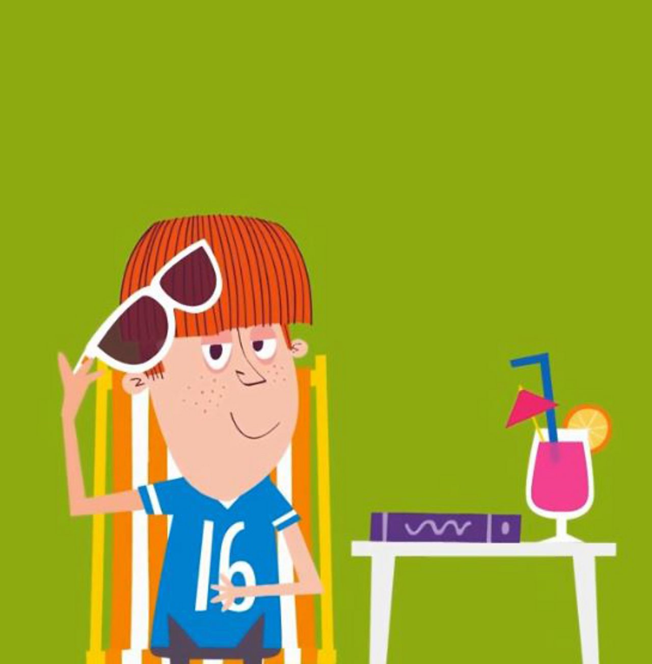 A young boy reading a book in his deck chair.