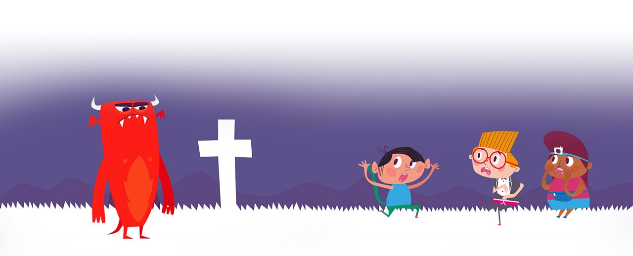 Children running away from a monster