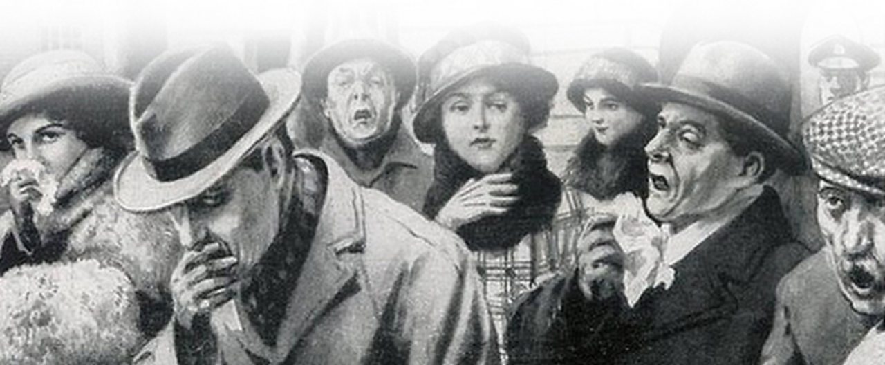 A drawing of a variety of people in a street in 1918 suffering from Spanish Influenza