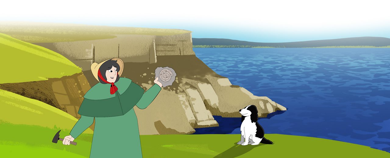 Mary Anning on the cliffs with her dog. She is holding a fossil.