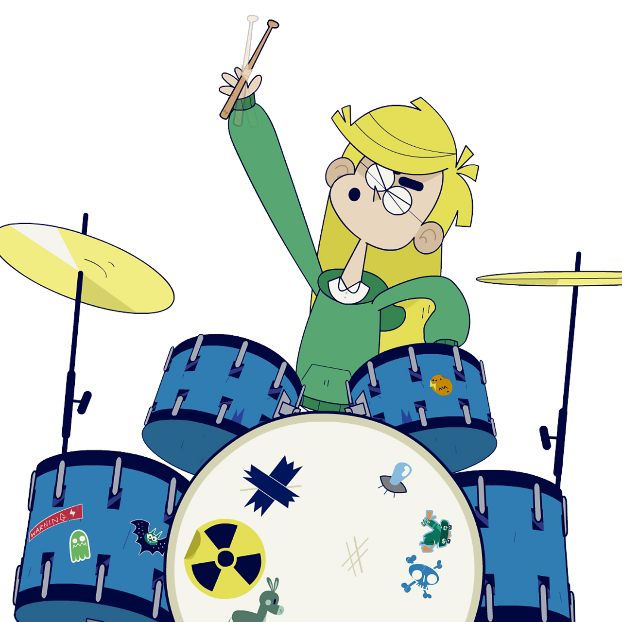 A girl playing drums and twirling her drumsticks