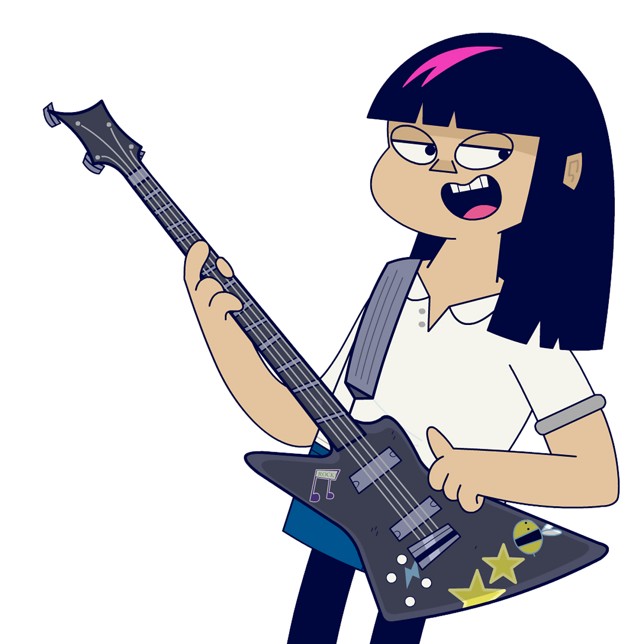 A girl playing her bass guitar and smiling
