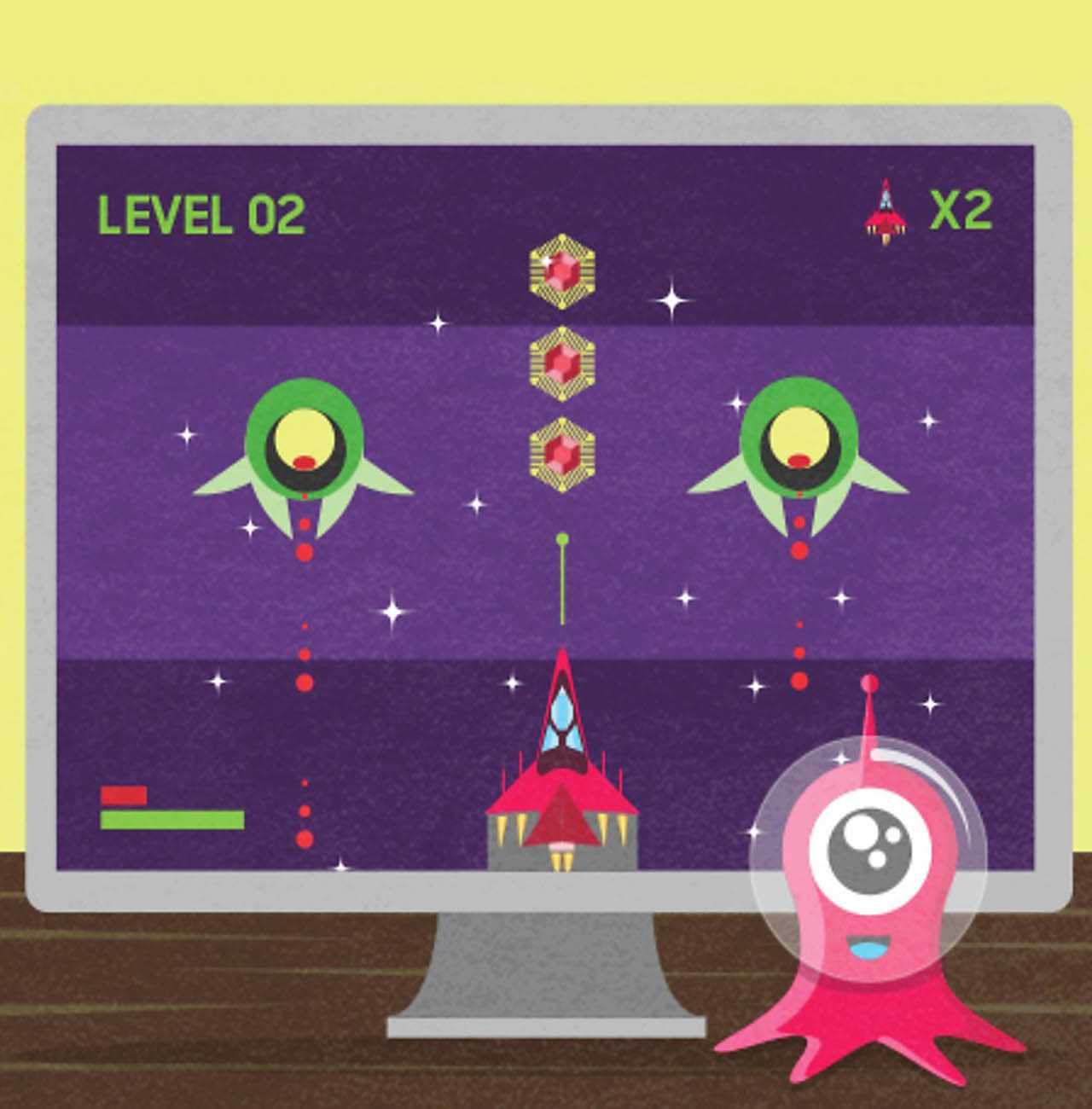 A computer screen with a spaceship sprite