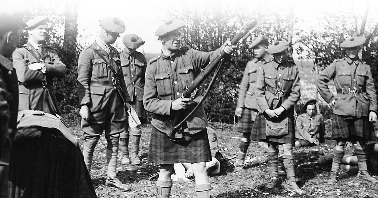 Top fading image of Scottish soldiers taking a break on the Western Front in World War One