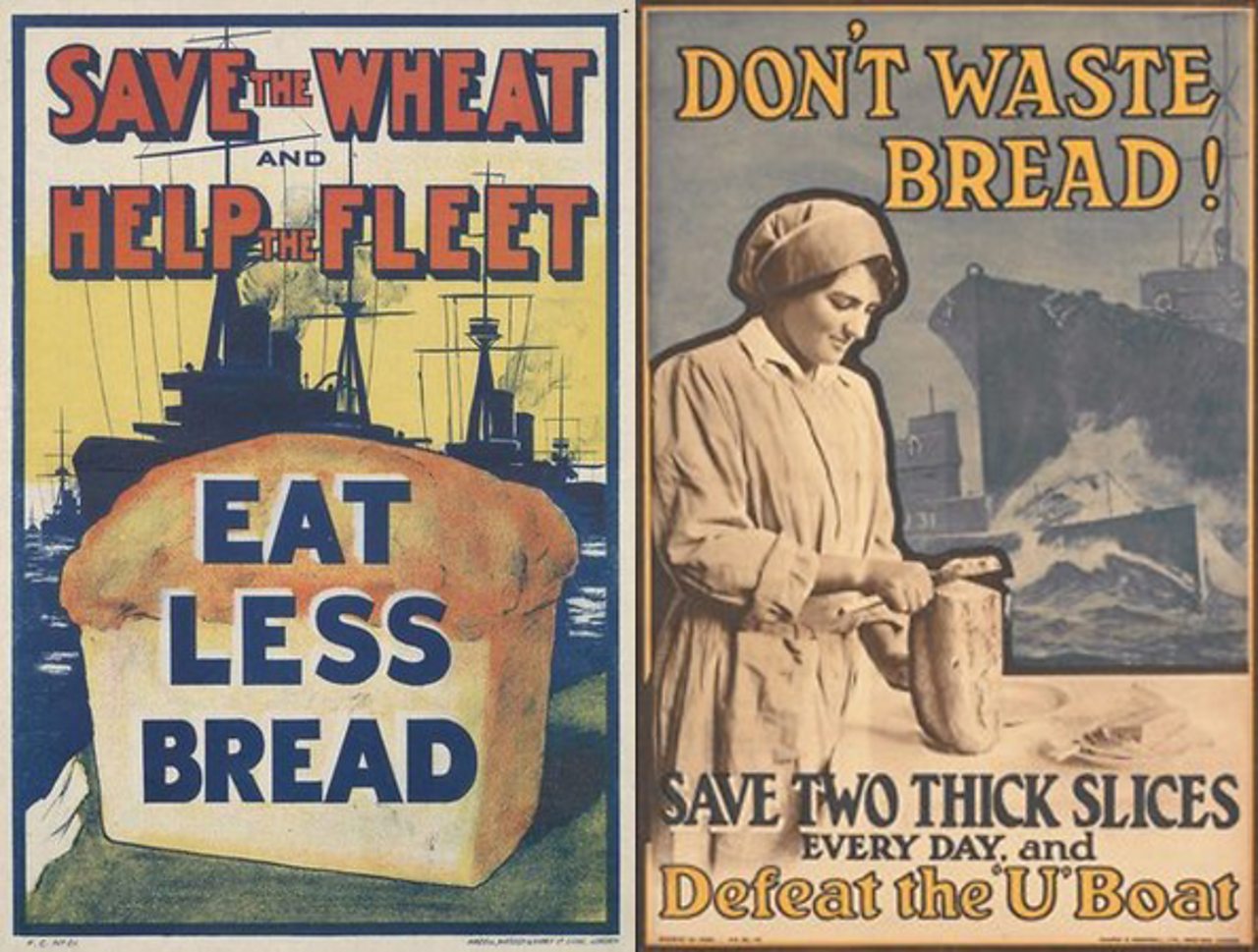 A government poster from World War One encouraging people to eat less bread