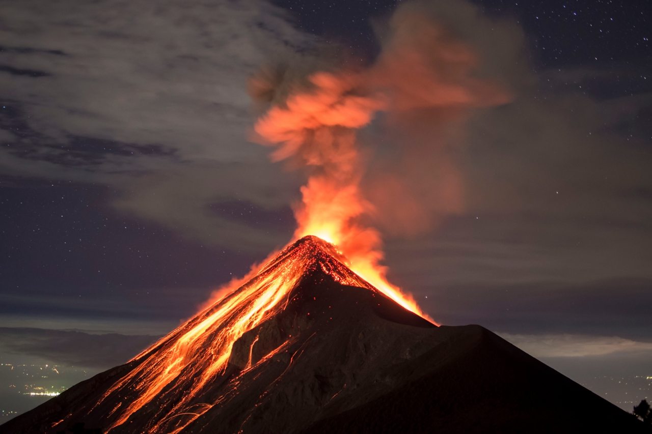 Lava going down the Volcano Fuego in Antigua, Guatemala, right after an eruption