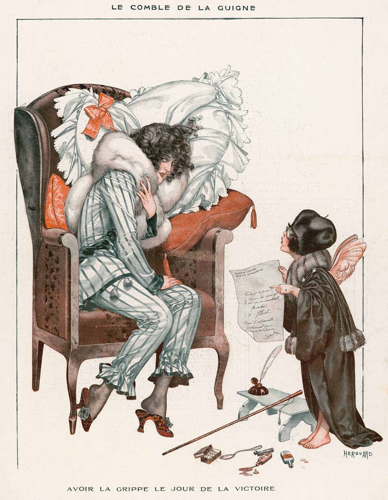 A cartoon from 1918 showing a French woman suffering from Spanish influenza