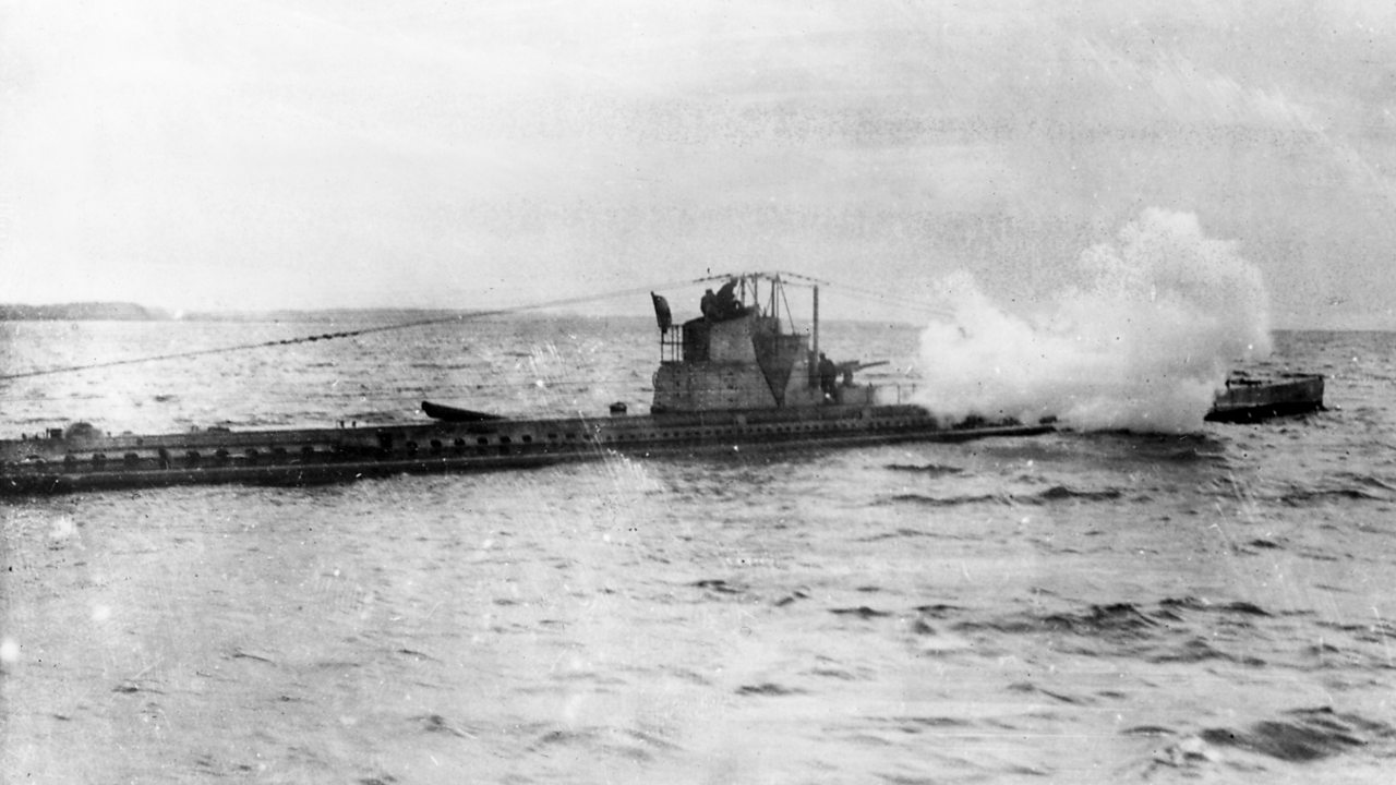 A submarine firing shells at the enemy during World War One