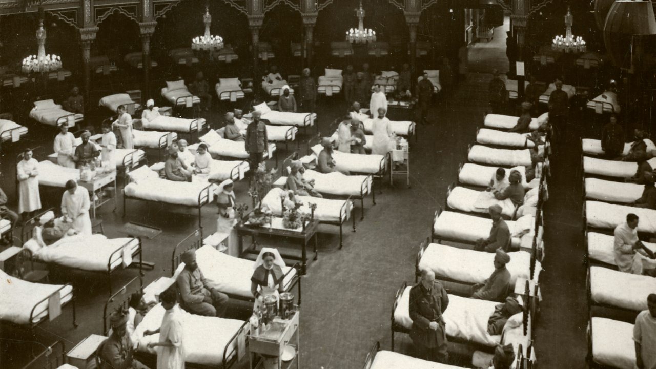 Nurses looking after many wounded soldiers in Brighton Royal Pavilion acting as a military hospital in World War One