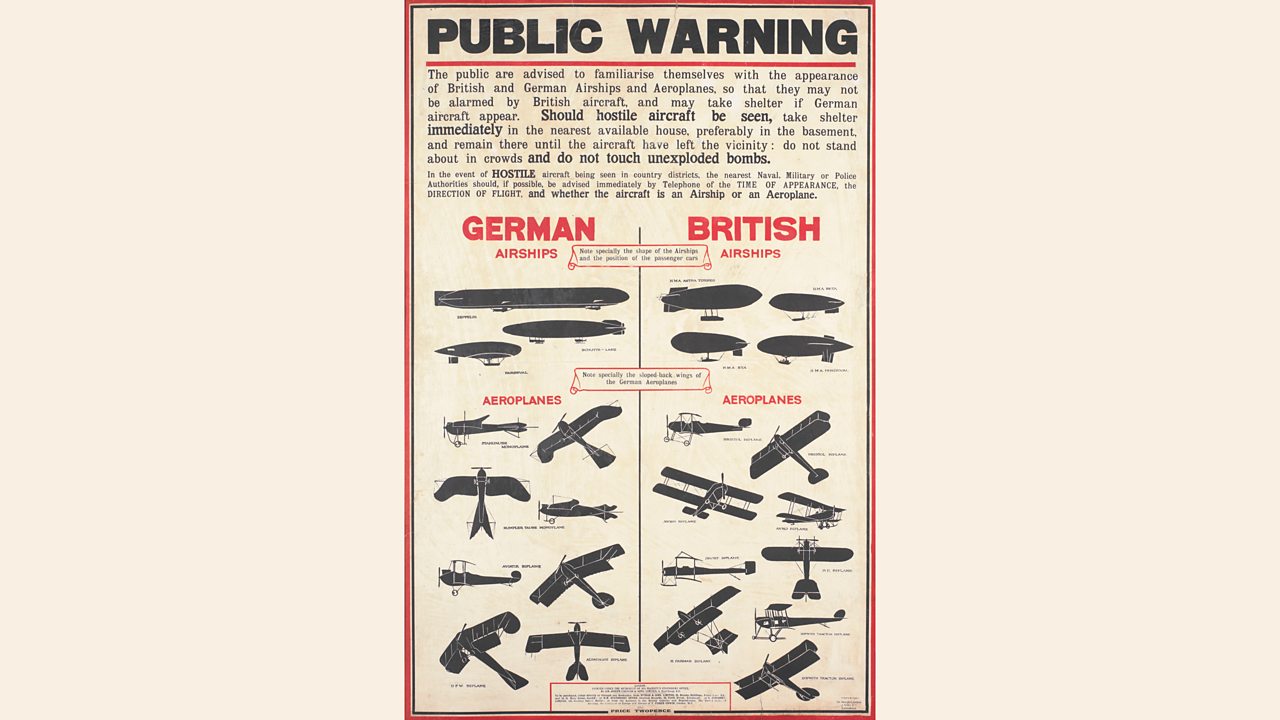 A public warning poster which helped people to tell the difference between German and British planes and zeppelins