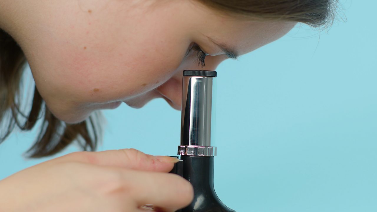 A girl looking down the eye piece of a microscope.