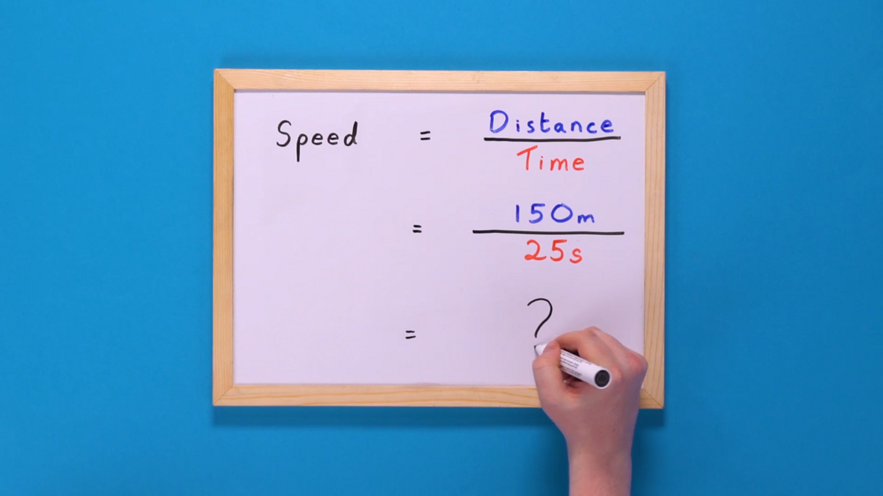 A whiteboard with the formula for speed written on it