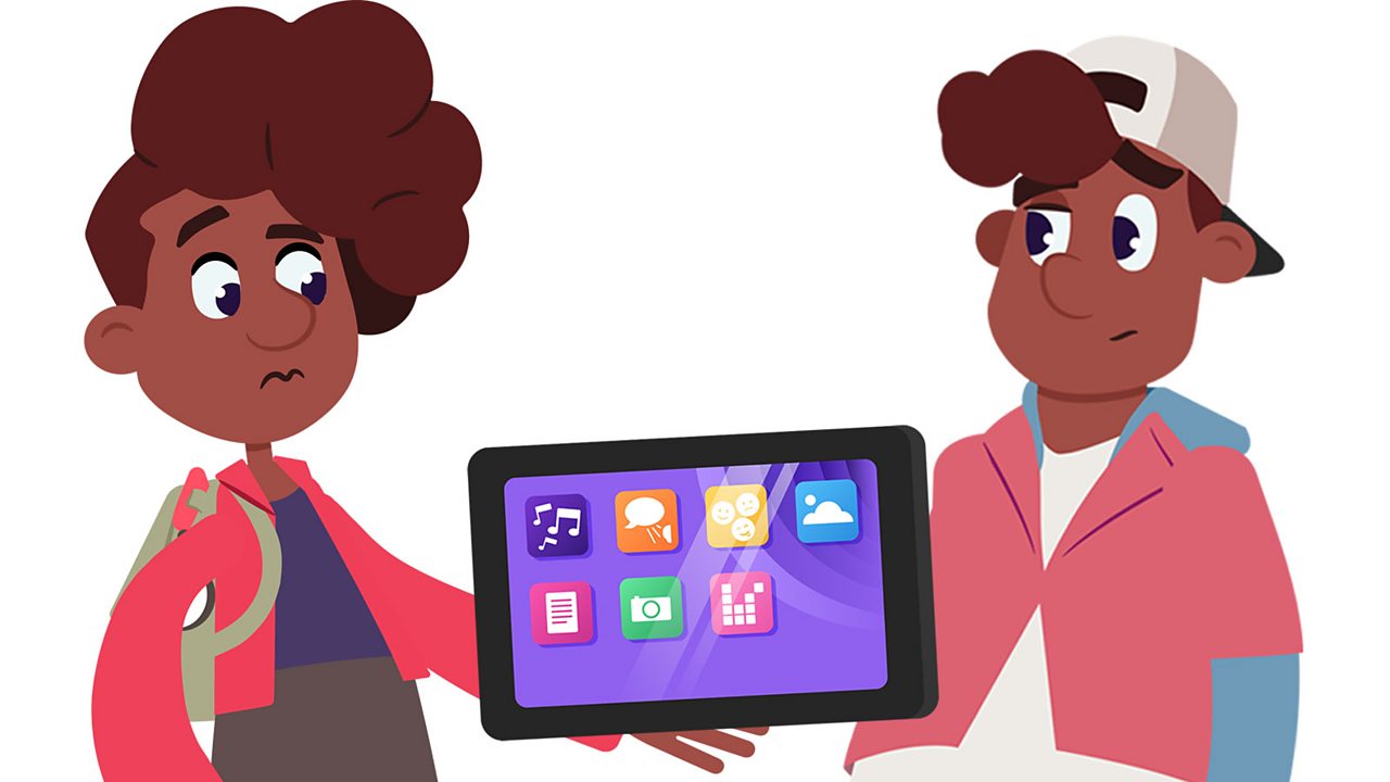 a girl and boy looking confused holding a tablet computer
