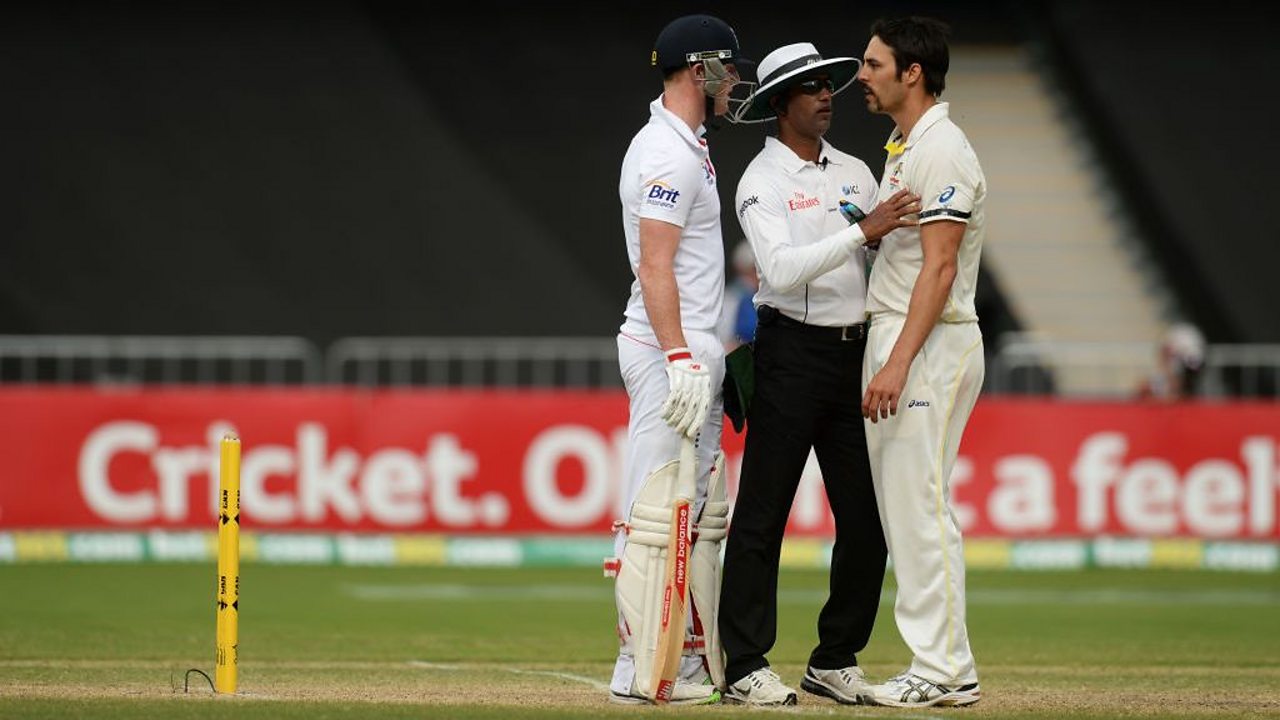 England’s Ben Stokes and Australia’s Mitchell Johnson arguing on the cricket pitch
