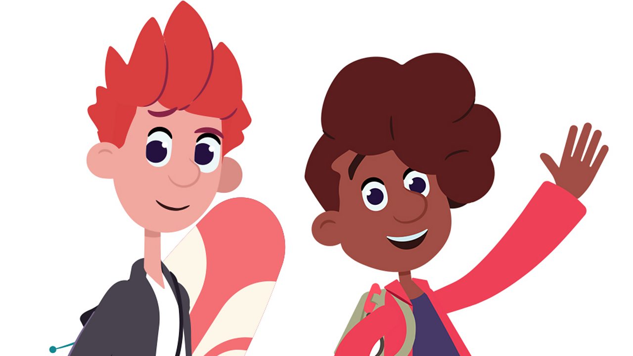 A boy and a girl smiling and waving