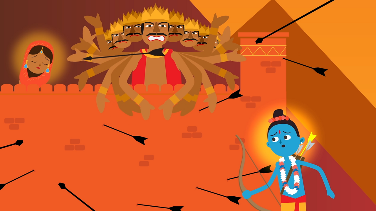 Rama and Hanuman begin battling Ravana.