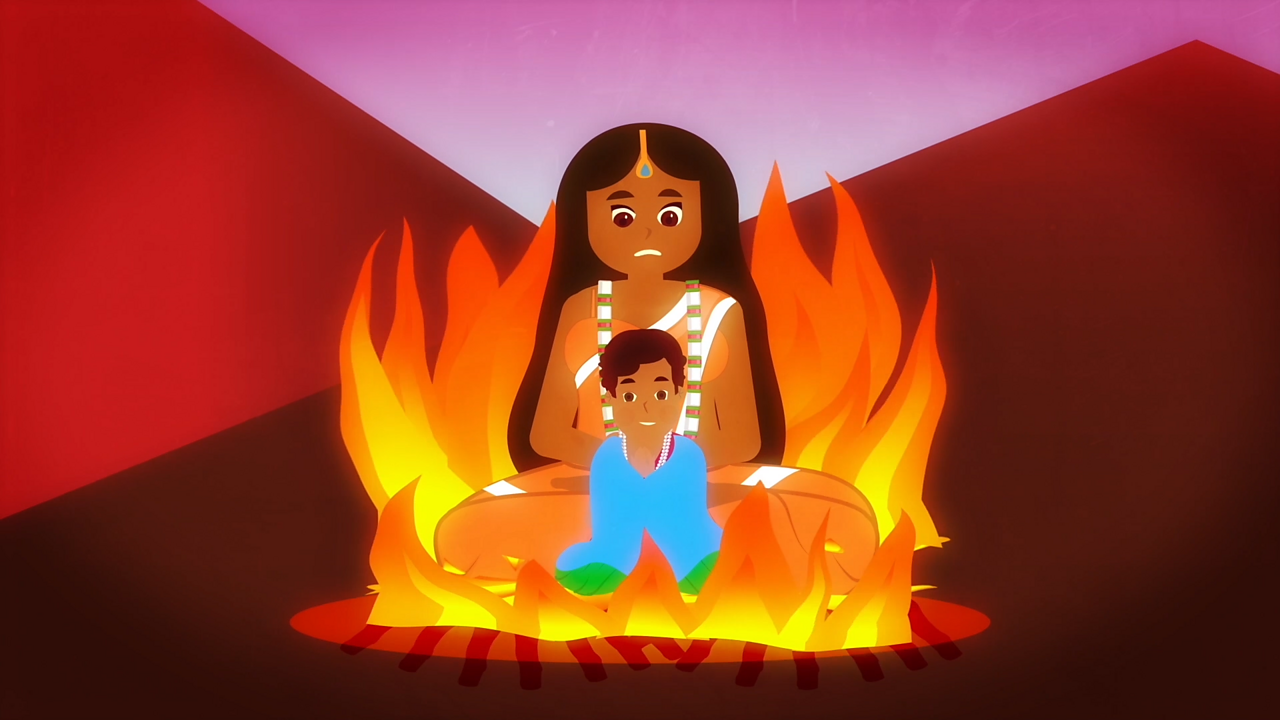 Holika and Prahlad in a fire