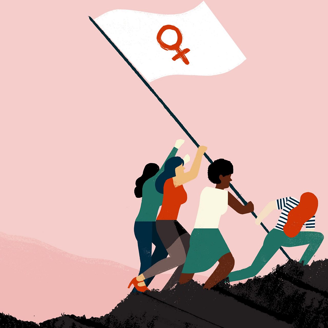 an illustration depicts women raising a flag with the female symbol