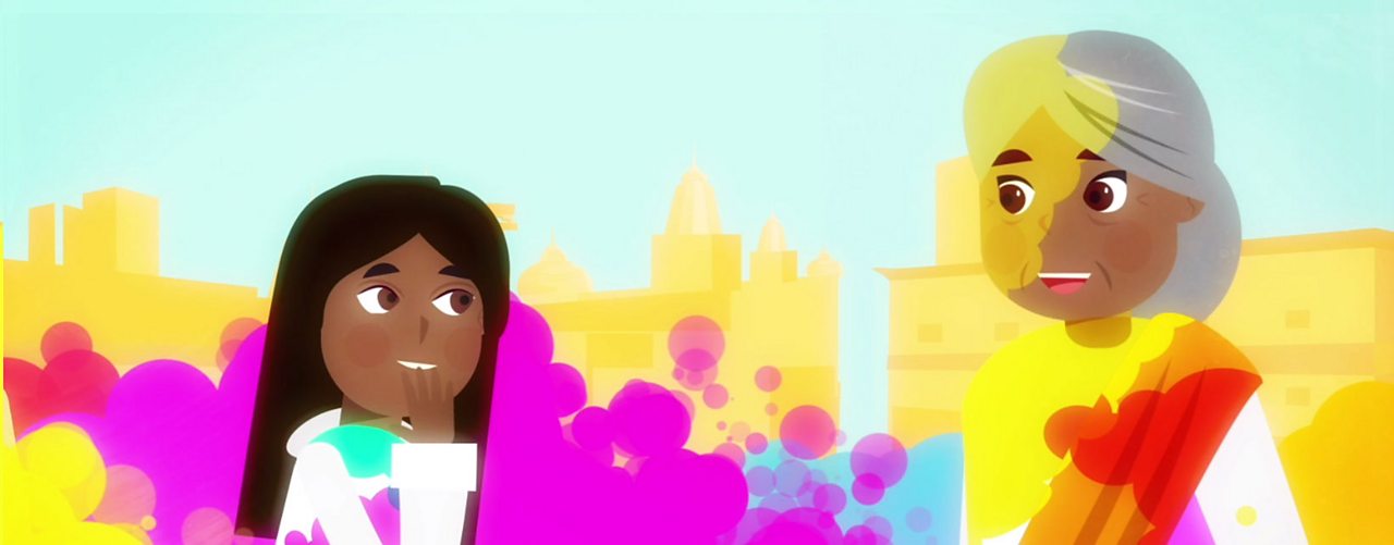 A girl and her grandma covered in coloured powder