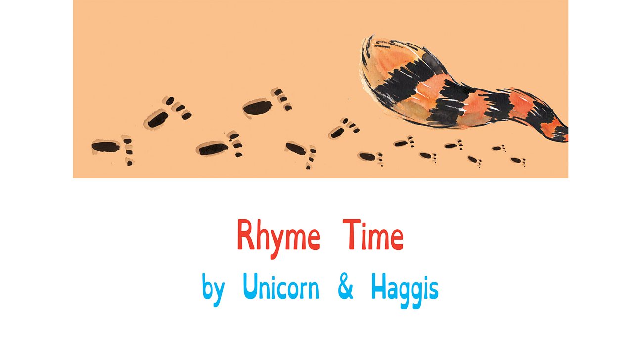Book page showing animal footprints and a busy tail and the title and authors: Rhyme Time by Unicorn and Haggis.