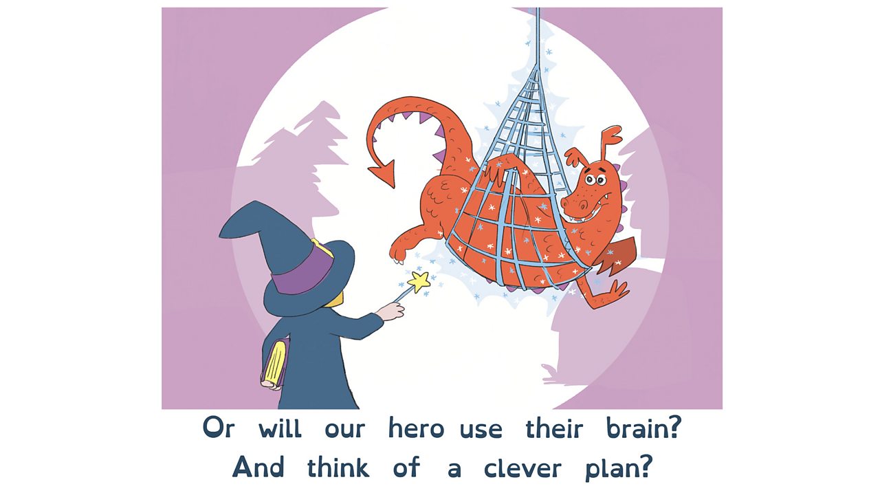 A dragon is trapped in a net by a wizard who is holding a wand and wearing a pointed hat.