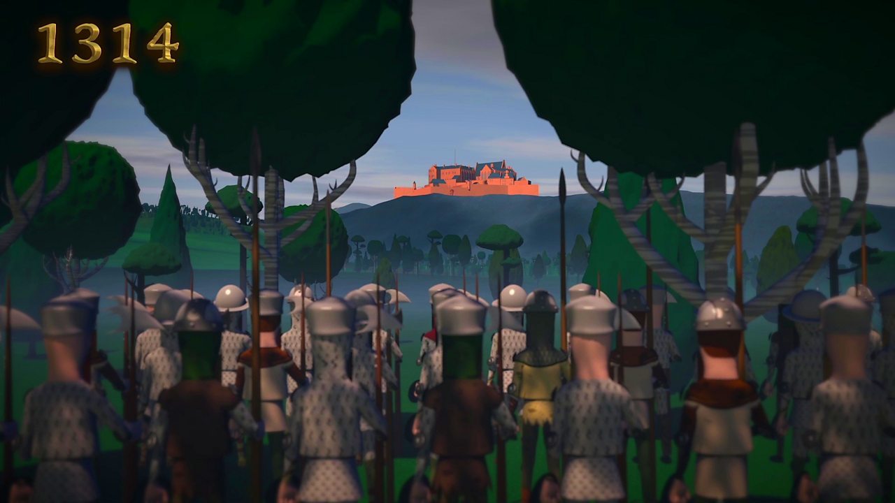 Screengrab from short animation showing Stirling Castle in the background and Scottish soldiers in the foreground.