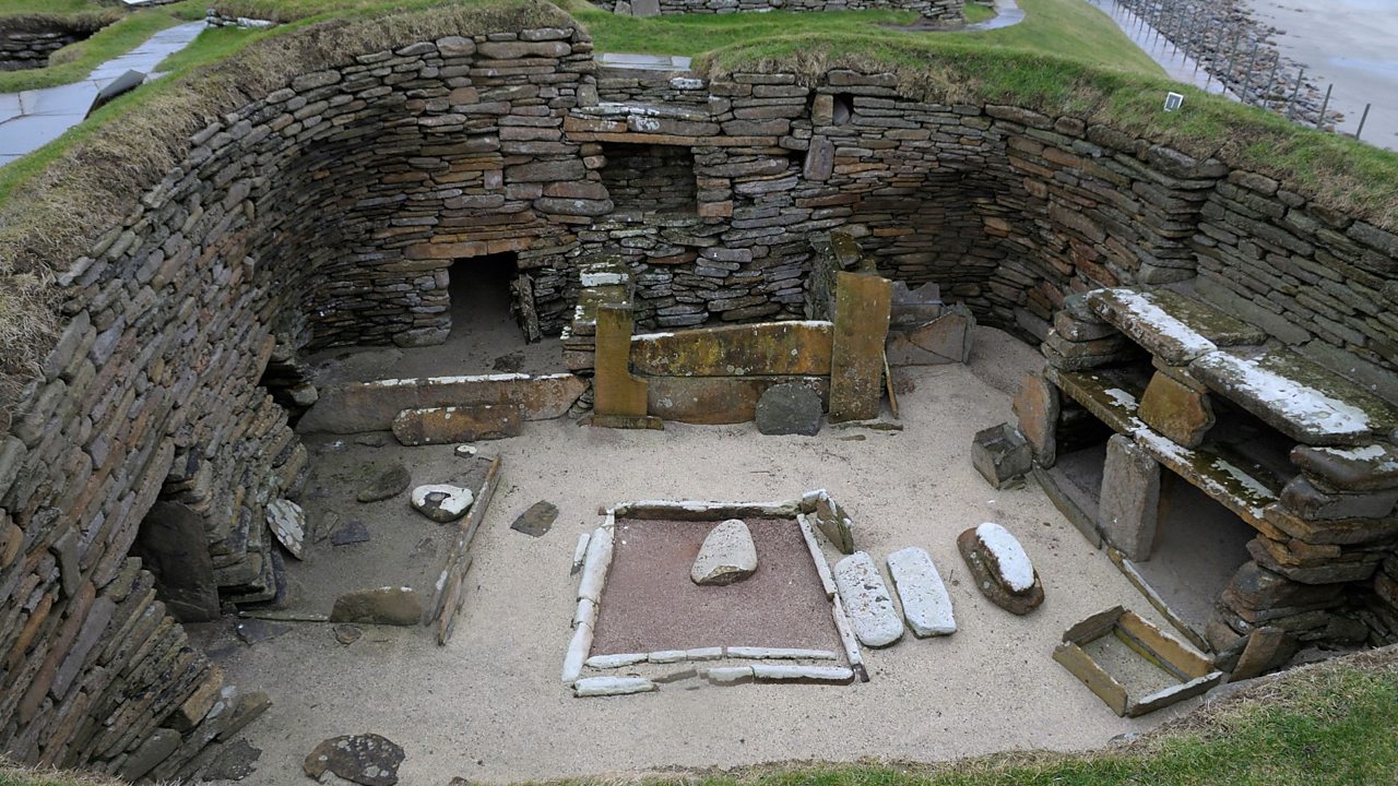 One of the ancient roundhouses excavated at Skara Brae, Orkney, Scotland