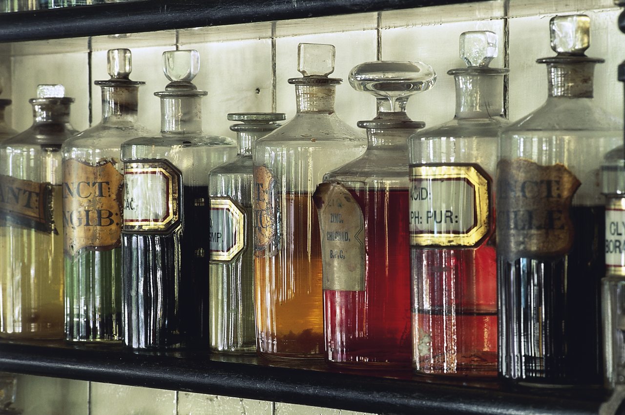 Jars with medicines in a pharmacy