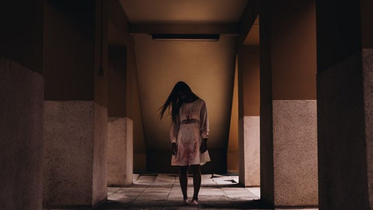 A creepy girl stands in a corridor, long hair covering her face.