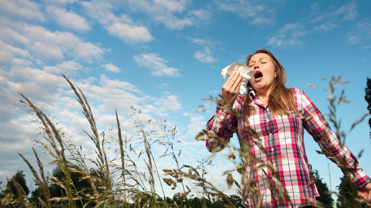 Women sneezing in a field.