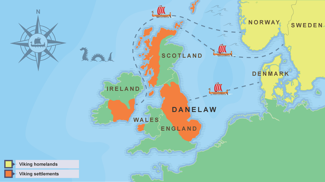 A map showing the places that the Vikings settled in Britain.
