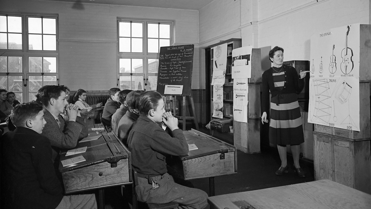 1945 BBC Broadcasts To Schools: Teacher prepares class of 15-year olds for music concert.