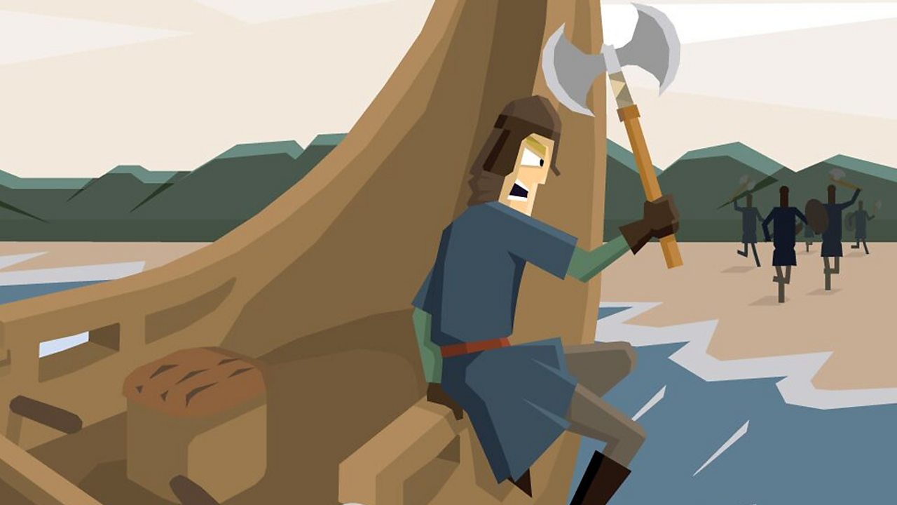 A viking man holding an axe is jumping off a boat to reach the shore.