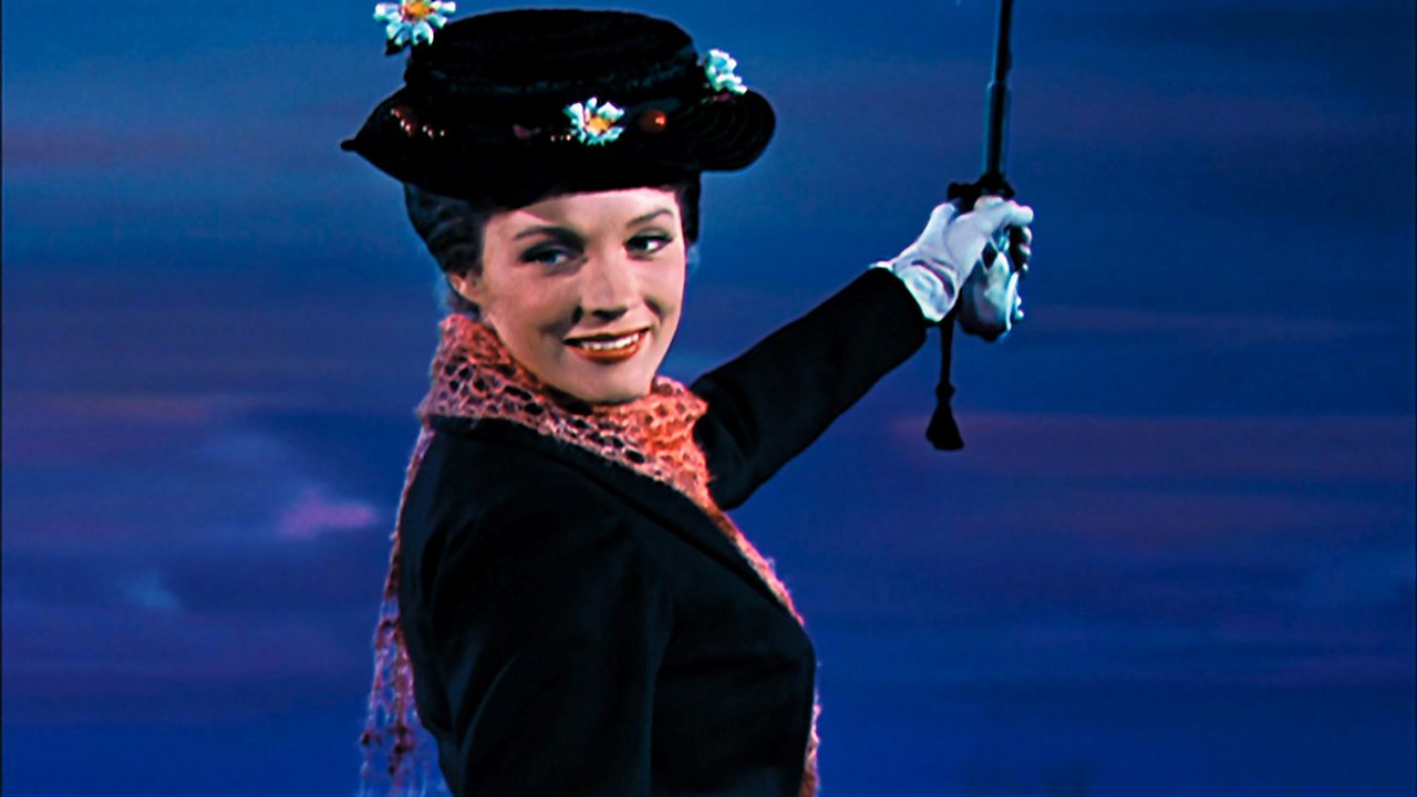 Mary Poppins flying away with her umbrella.