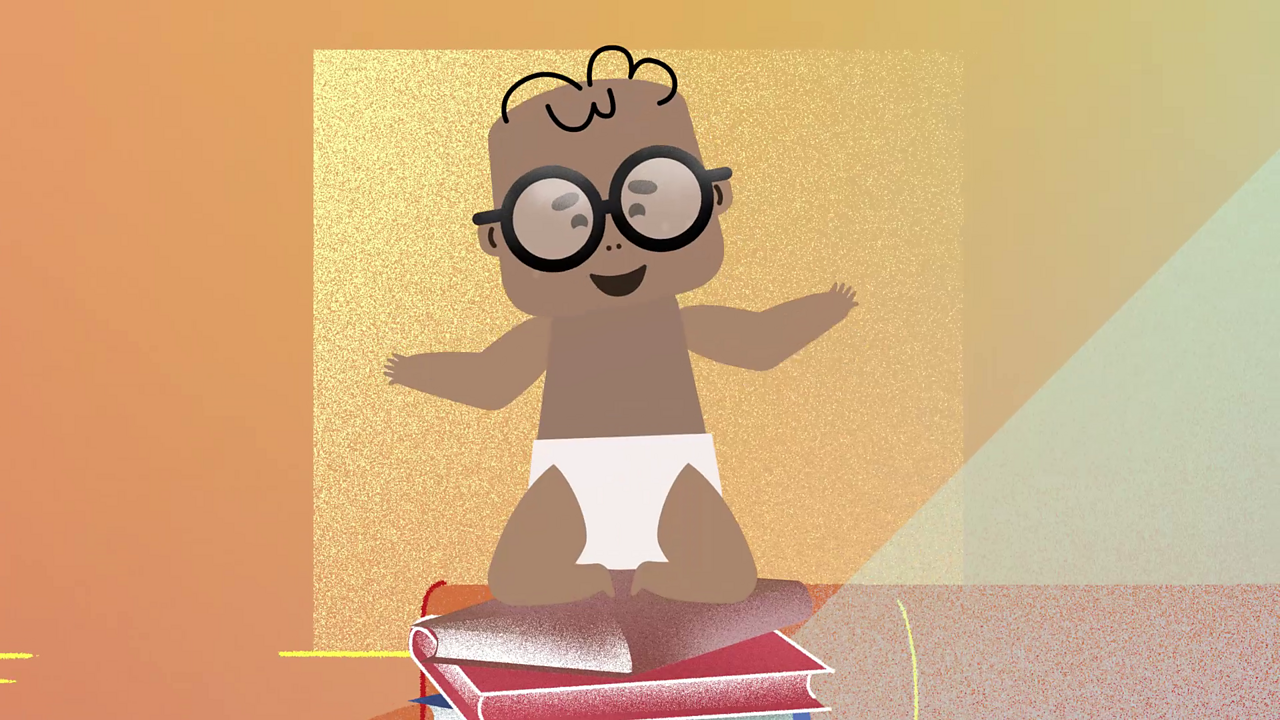Cartoon baby sat on top of books.