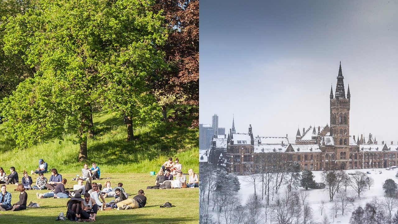 Two images of Glasgow: one at Glasgow Green in summer and the other of Glasgow University in winter