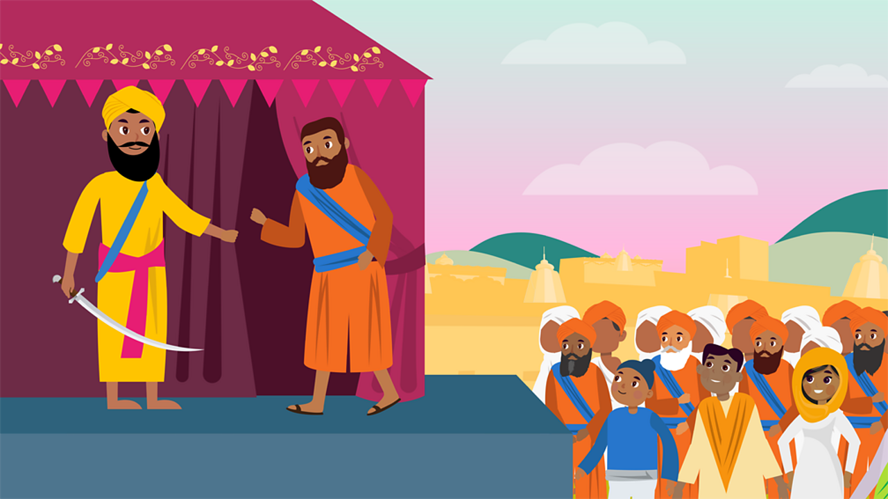 A young man stepped forward and went into the tent with Guru Gobind Singh. Then Guru Gobind Singh came out of the tent alone with his sword covered in blood and asked for another volunteer. This happened four times until five Sikhs had gone into the tent.