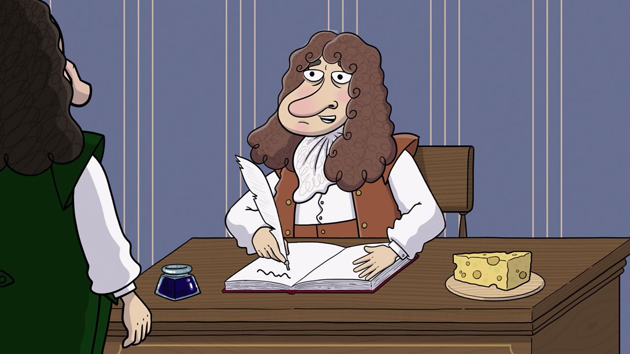 A cartoon image of Samuel Pepys sat a writing desk with a quill and ink and some cheese.
