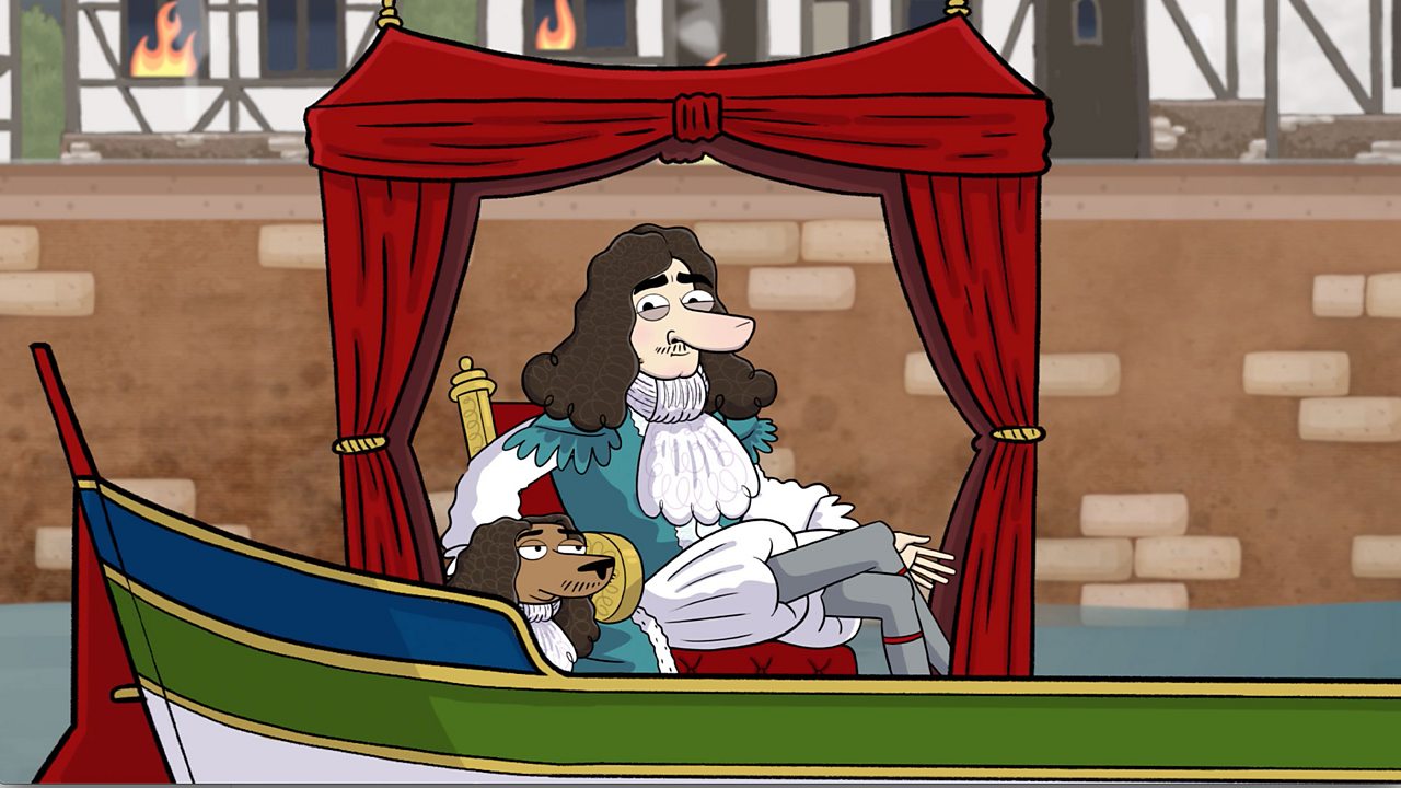 A cartoon image of King Charles II on his royal barge with a dog beside him.
