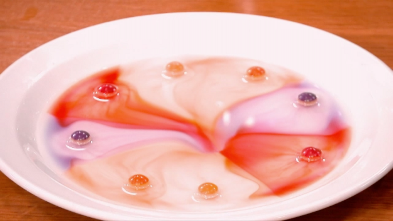 Water is added to the sweets, and the colours begin to run into one another.