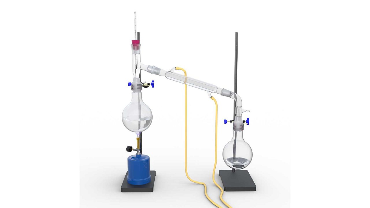 A photograph that shows illustration, using condensers, and the process of turning a liquid into a gas.